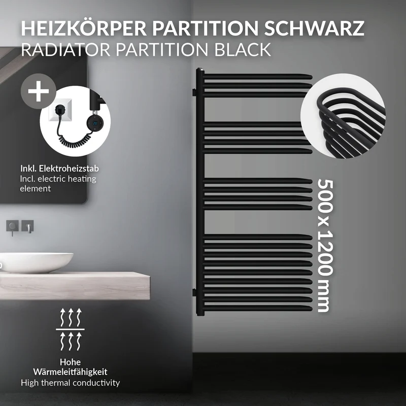 Elektrischer Badheizkörper mit Heizstab 900W 500x1200 mm Schwarz matt mit Thermostat Digitalanzeige LuxeBath
