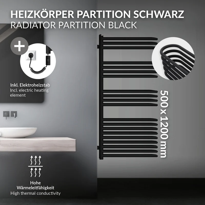 Elektrischer Badheizkörper mit Heizstab 900W 500x1200 mm Schwarz matt mit Thermostat Touchbedienung LuxeBath