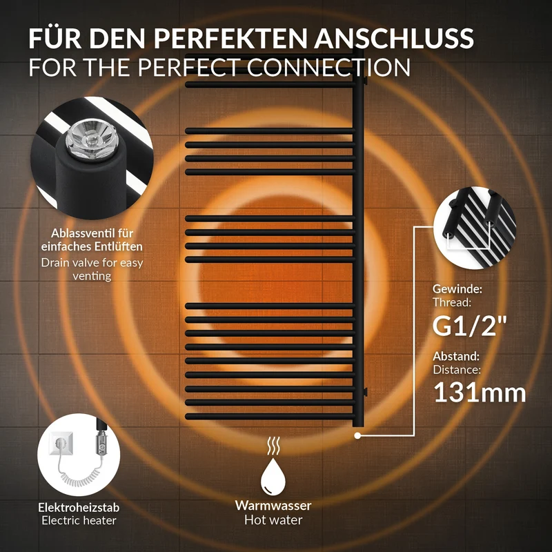 Elektrischer Badheizkörper mit Heizstab 900W 500x1200 mm Schwarz matt mit Thermostat Touchbedienung LuxeBath
