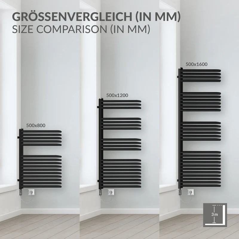 Elektrischer Badheizkörper mit Heizstab 900W 500x1200 mm Schwarz matt mit Thermostat Touchbedienung LuxeBath