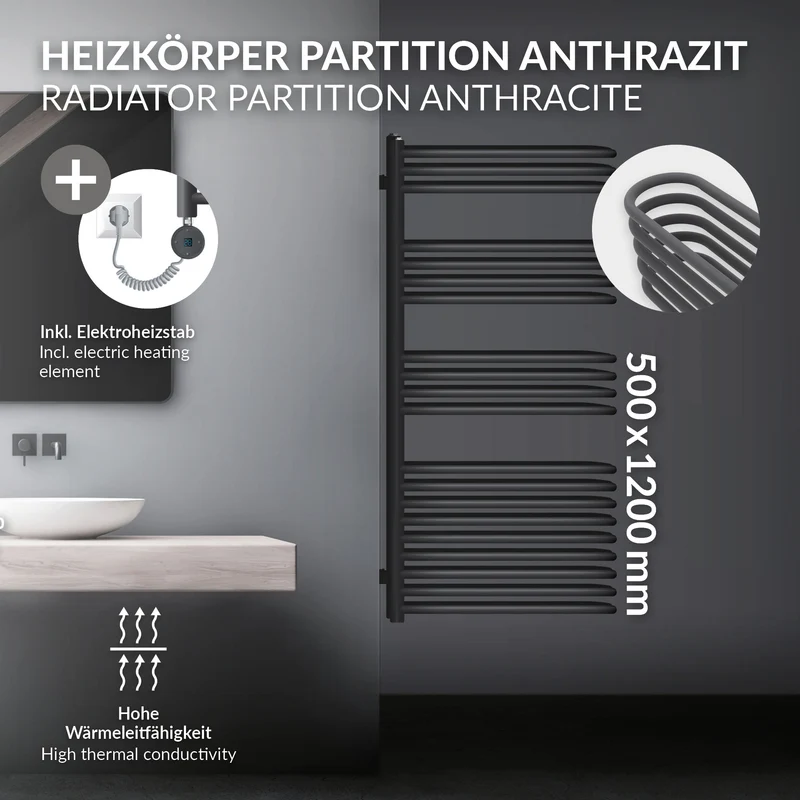 Elektrischer Badheizkörper mit Heizstab 1200W 500x1200 mm Anthrazit mit Thermostat Digitalanzeige LuxeBath