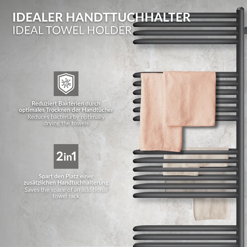 Elektrischer Badheizkörper mit Heizstab 1200W 500x1200 mm Anthrazit mit Thermostat Digitalanzeige LuxeBath
