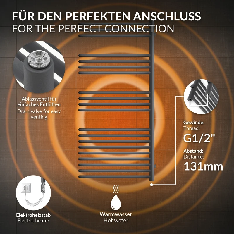 Elektrischer Badheizkörper mit Heizstab 900W 500x1200 mm Anthrazit mit Thermostat Digitalanzeige LuxeBath