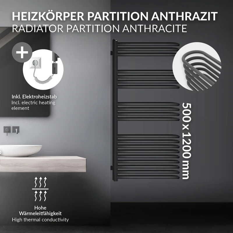 Elektrischer Badheizkörper mit Heizstab 1200W 500x1200 mm Anthrazit mit Thermostat Touchbedienung LuxeBath