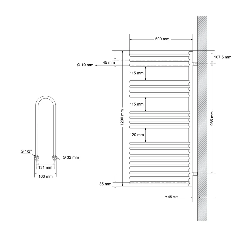 Elektrischer Badheizkörper mit Heizstab 1200W 500x1200 mm Anthrazit mit Thermostat Touchbedienung LuxeBath