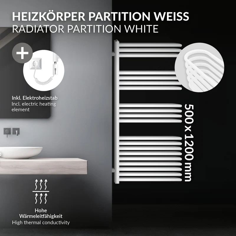Elektrischer Badheizkörper mit Heizstab 1200W 500x1200 mm Weiß mit Thermostat Touchbedienung LuxeBath