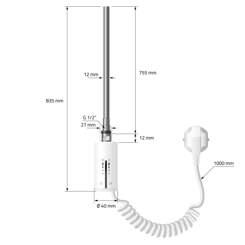 Elektrischer Badheizkörper mit Heizstab 1200W 500x1200 mm Weiß mit Thermostat Touchbedienung LuxeBath