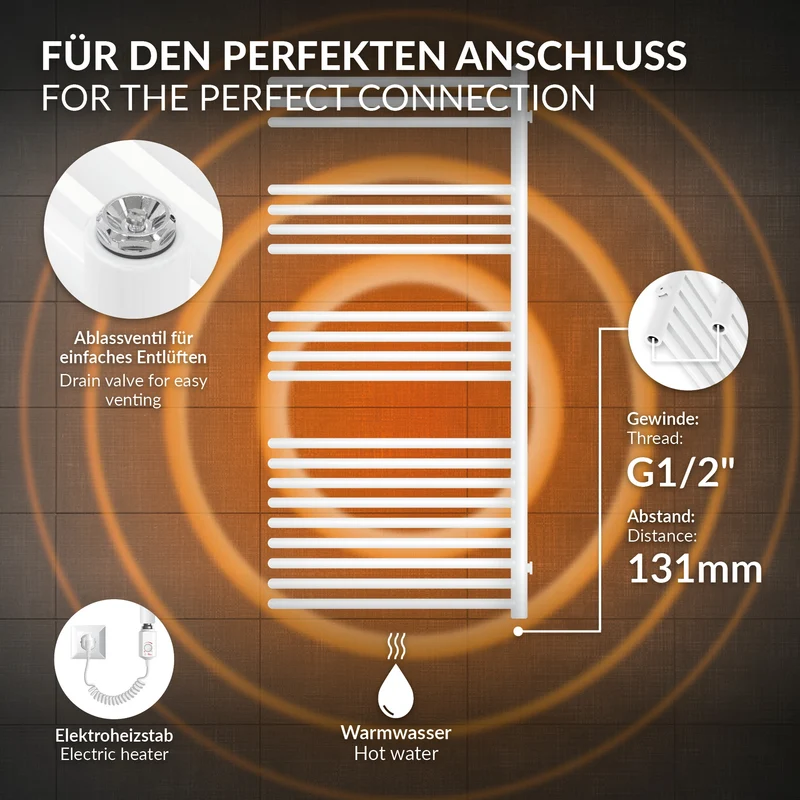 Elektrischer Badheizkörper mit Heizstab 900W 500x1200 mm Weiß mit Thermostat Touchbedienung LuxeBath