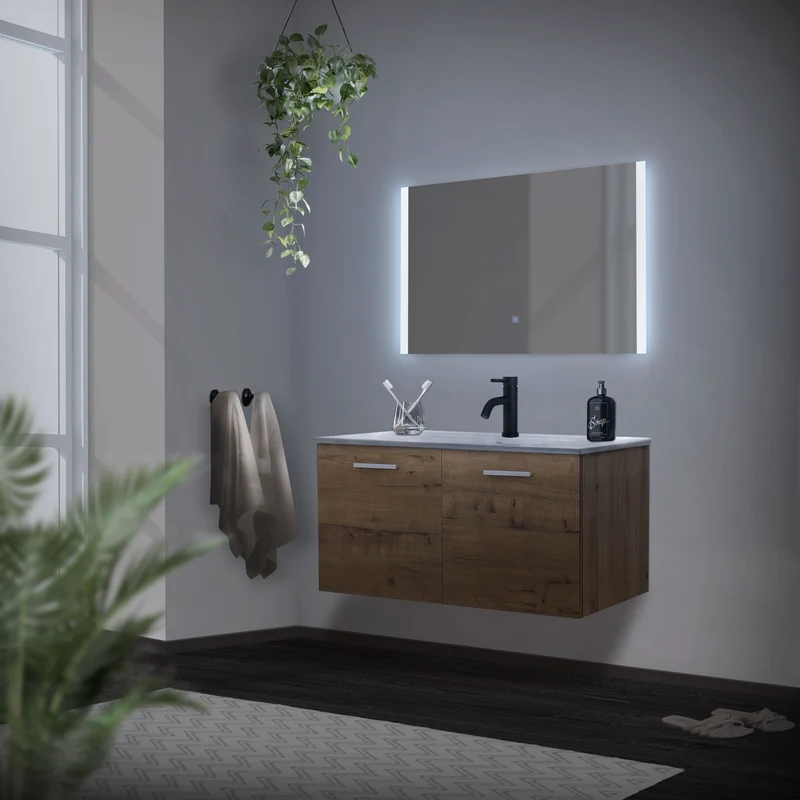 Badmöbel Set 3-Teilig Roteiche aus MDF 90cm Breite ML-Design