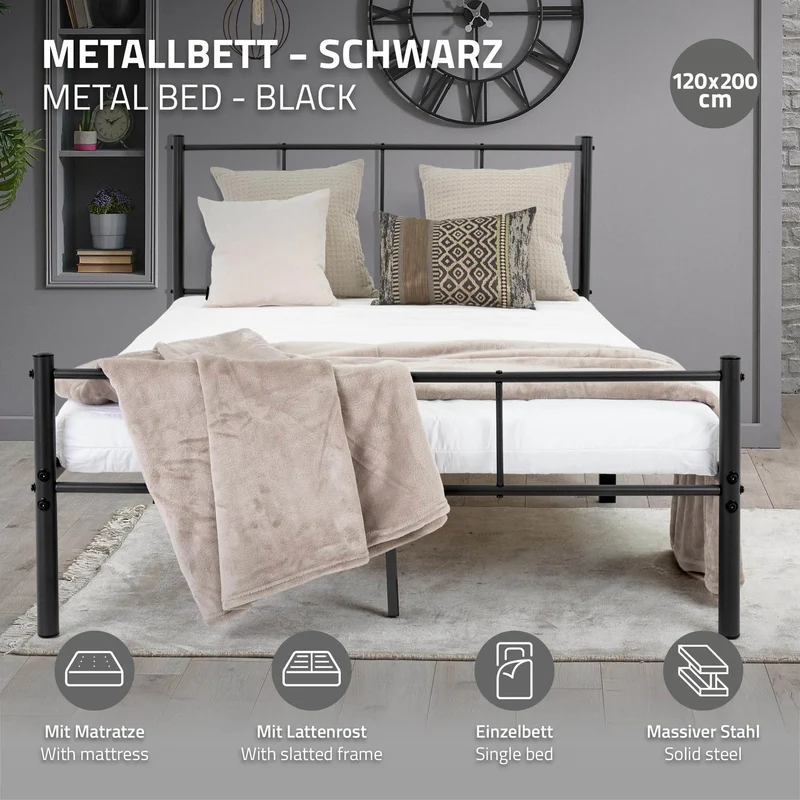 Metallbett 120x200 cm Schwarz mit Lattenrost und Matratze mit Kopfteil ML-Design
