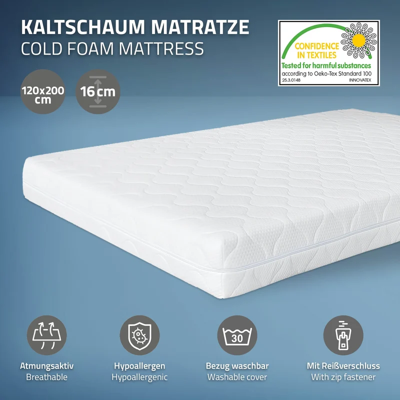 Metallbett 120x200 cm Schwarz mit Lattenrost und Matratze mit Kopfteil ML-Design