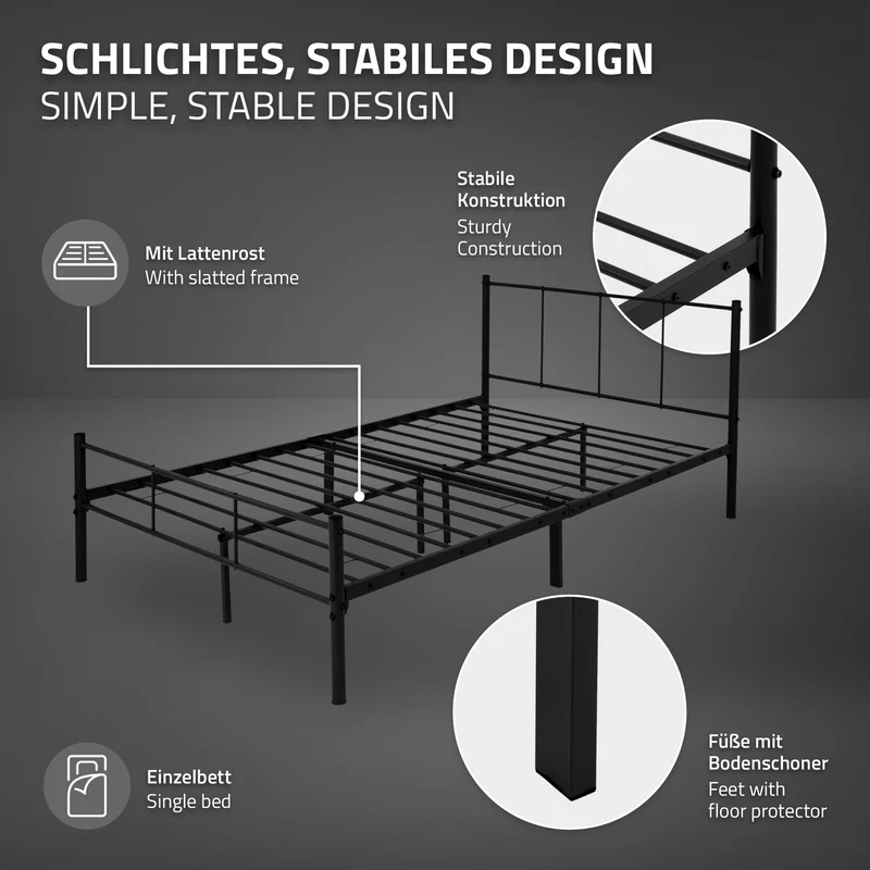 Metallbett 120x200 cm Schwarz mit Lattenrost und Matratze mit Kopfteil ML-Design