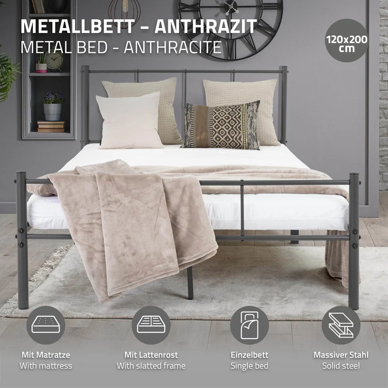 Bettgestell Einzelbett Metallbett 120x200 cm Anthrazit inkl. Matratze H-16cm mit Lattenrost & Kopfteil ML-Design