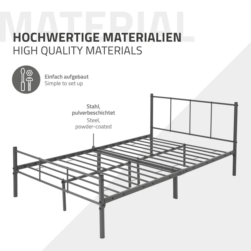 Bettgestell Einzelbett Metallbett 120x200 cm Anthrazit inkl. Matratze H-16cm mit Lattenrost & Kopfteil ML-Design