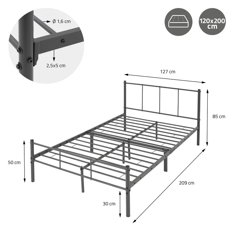Bettgestell Einzelbett Metallbett 120x200 cm Anthrazit inkl. Matratze H-16cm mit Lattenrost & Kopfteil ML-Design