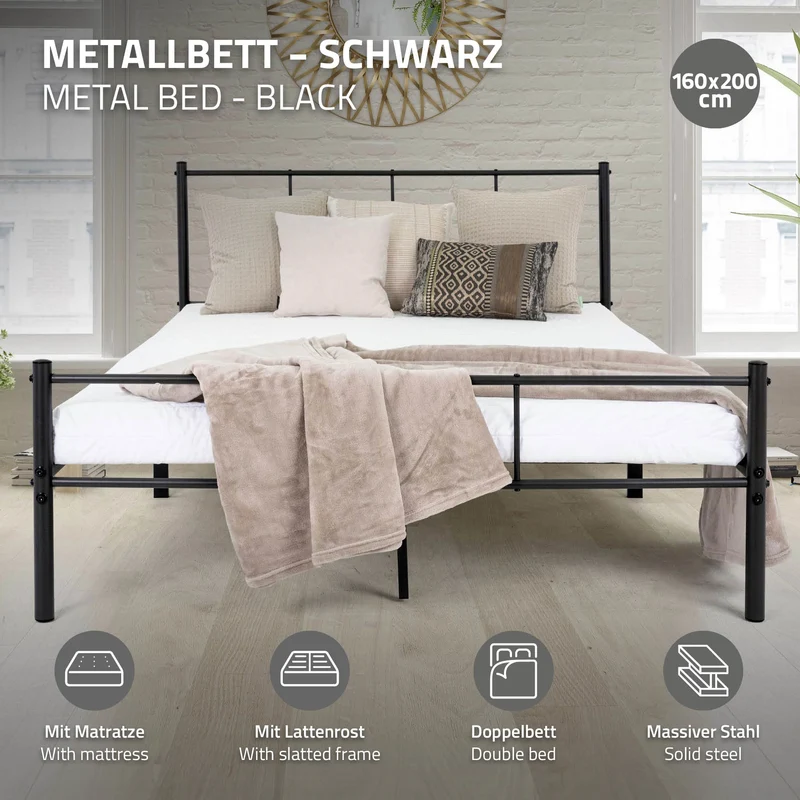 Metallbett 160x200 cm Schwarz mit Lattenrost und Matratze mit Kopfteil ML-Design