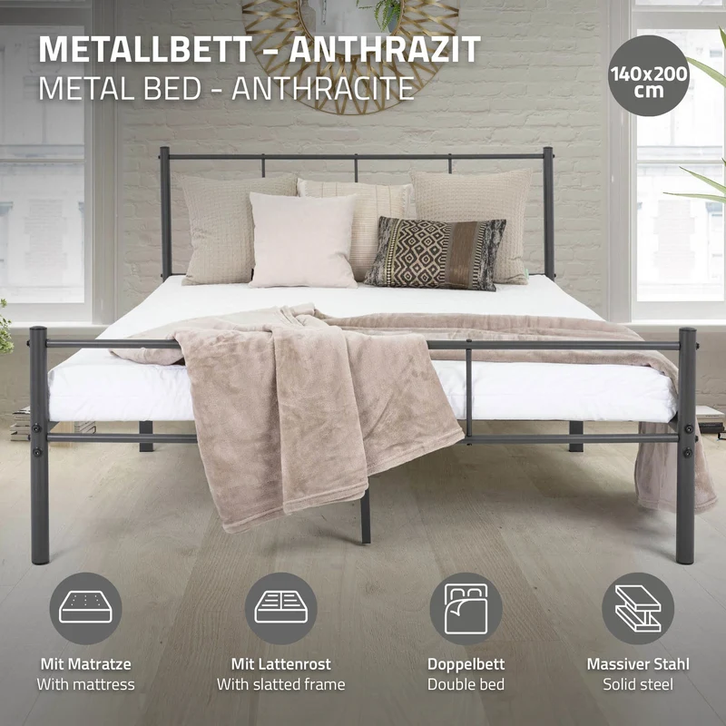 Bettgestell Einzelbett Metallbett 140x200 cm Anthrazit inkl. Matratze H-16cm mit Lattenrost & Kopfteil ML-Design