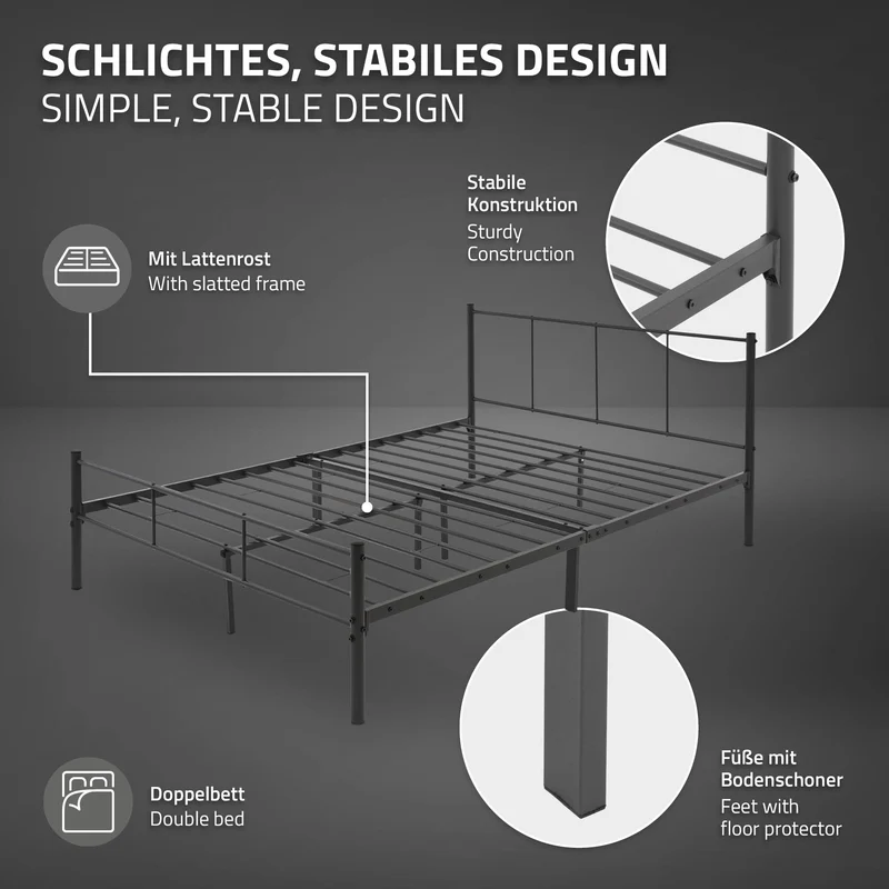 Bettgestell Einzelbett Metallbett 140x200 cm Anthrazit inkl. Matratze H-16cm mit Lattenrost & Kopfteil ML-Design