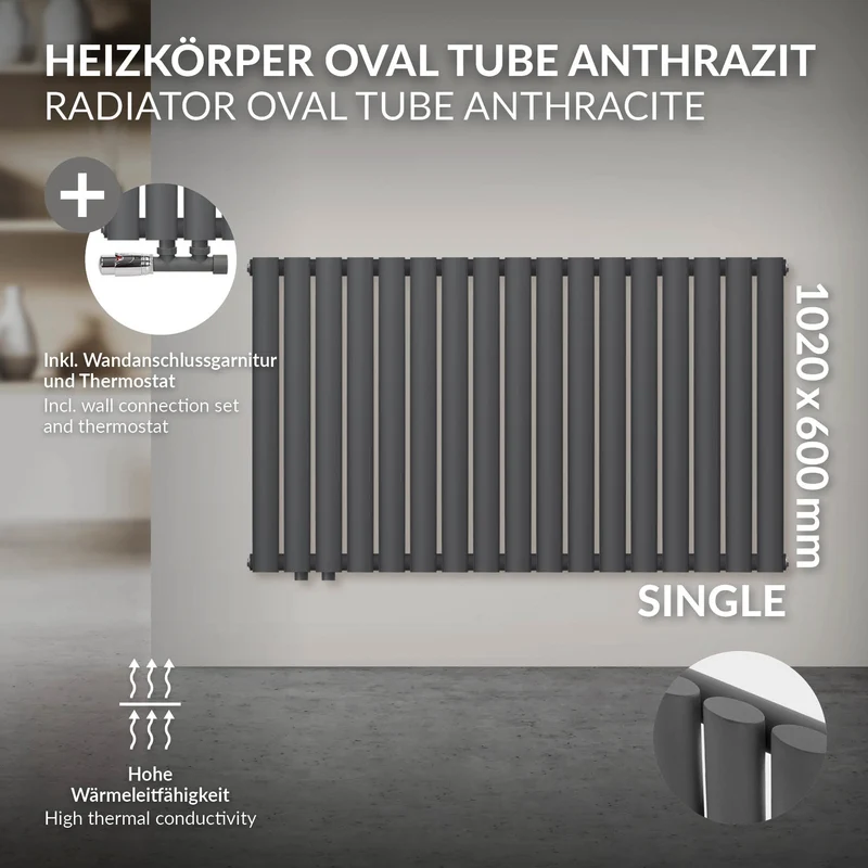 Paneelheizkörper Einlagig 600x1020 mm Anthrazit inkl. Wand Anschlussgarnitur ML-Design
