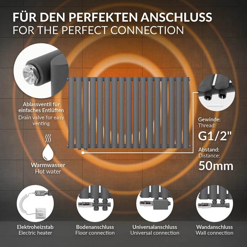 Paneelheizkörper Einlagig 600x1020 mm Anthrazit inkl. Wand Anschlussgarnitur ML-Design
