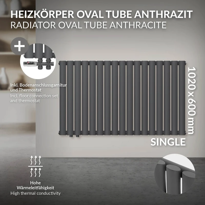 Paneelheizkörper Einlagig 102x60 cm Anthrazit inkl. Boden Anschlussgarnitur ML-Design