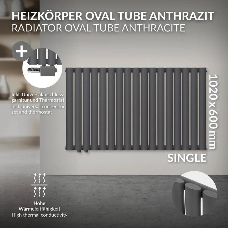 Paneelheizkörper Einlagig 102x60 cm Anthrazit inkl. Universale Anschlussgarnitur ML-Design