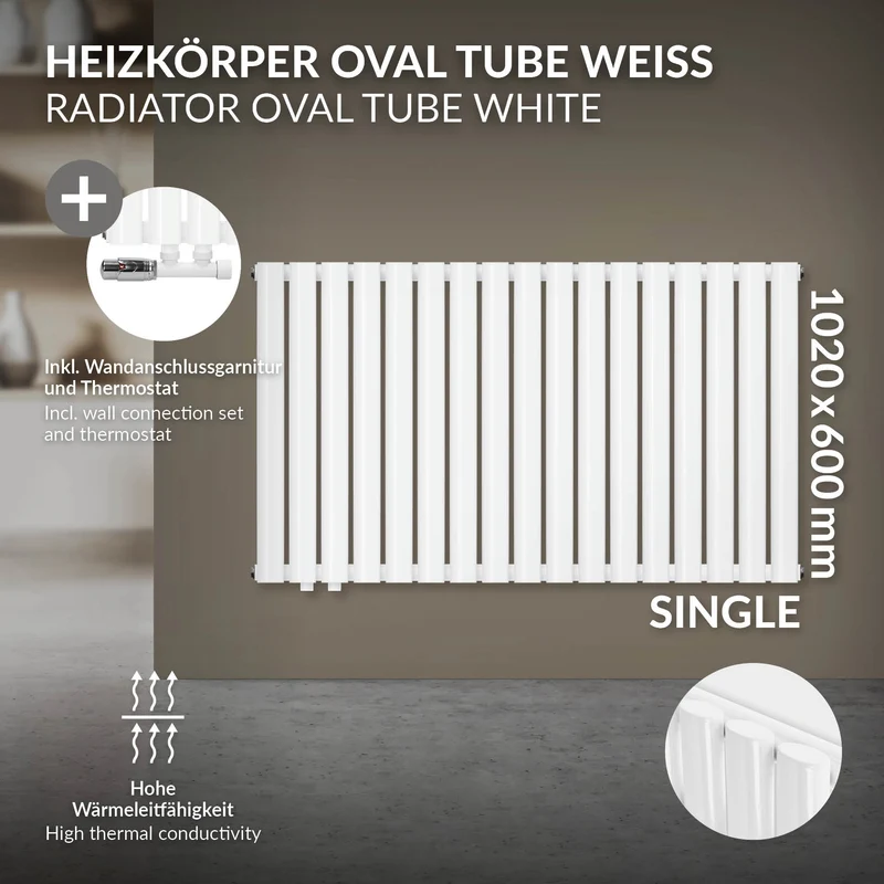 Paneelheizkörper Einlagig 600x1020 mm Weiß inkl. Wand Anschlussgarnitur ML-Design