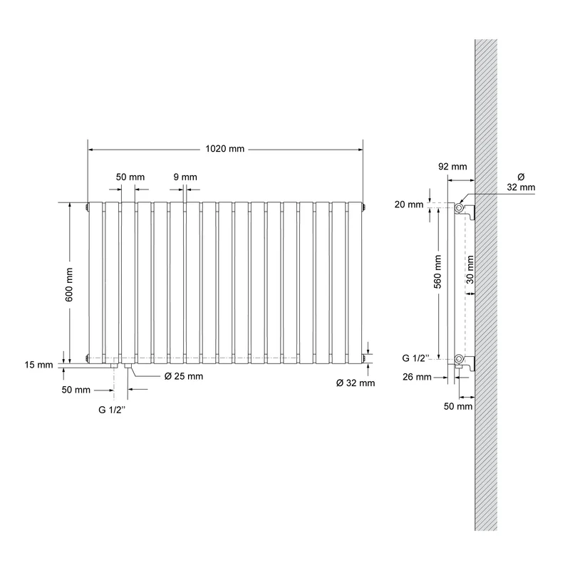 Paneelheizkörper Einlagig 600x1020 mm Weiß inkl. Universale Anschlussgarnitur ML-Design