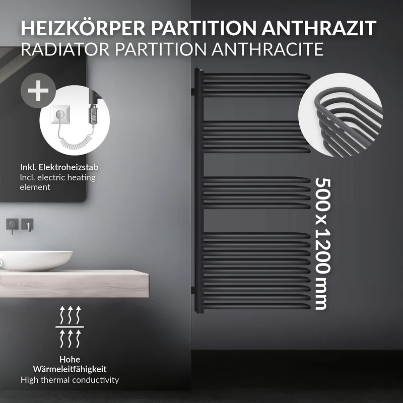 Elektrischer Badheizkörper mit Heizstab 900W 500x1200 mm Anthrazit ML-Design