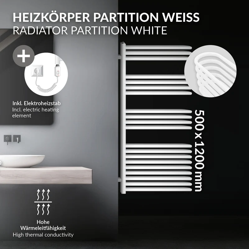 Elektrischer Badheizkörper mit Heizstab 1200W 500x1200 mm Weiß ML-Design