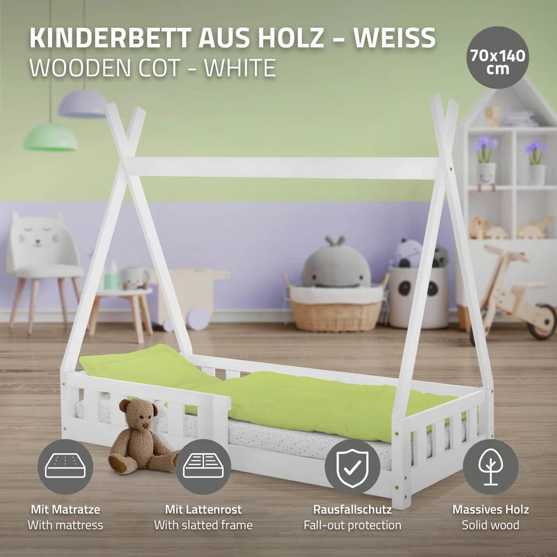 Kinderbett Tipi 70x140 cm Weiß aus Kiefernholz inkl. Matratze und Matratzenschoner mit rausfallschutz ML-Design