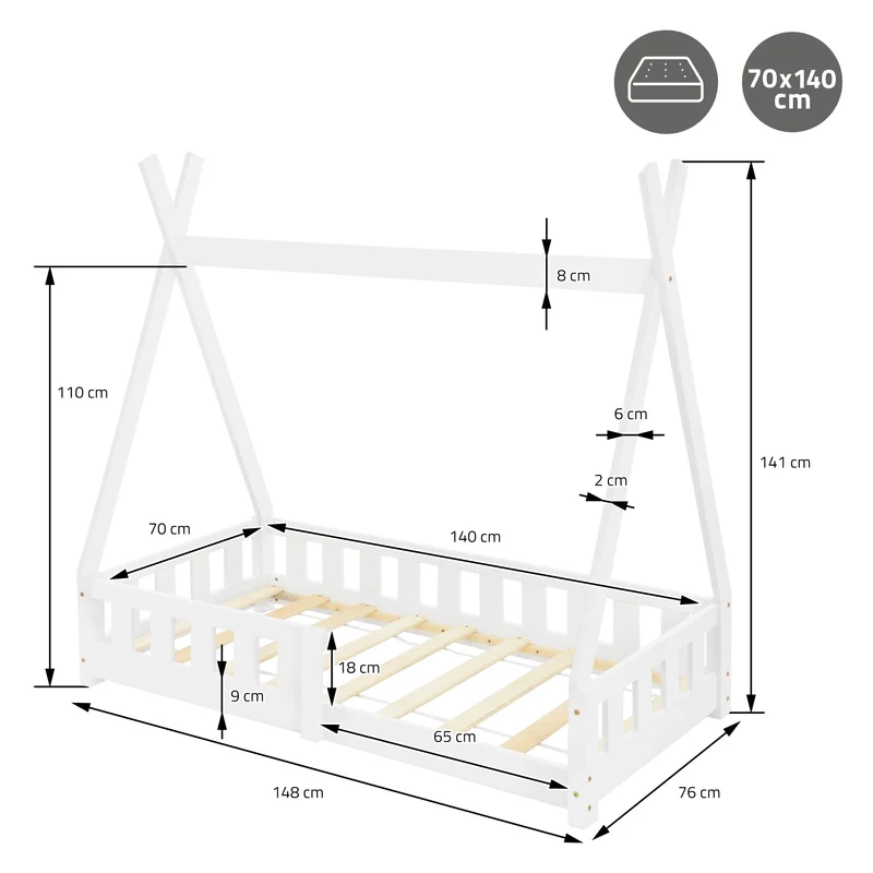 Kinderbett Tipi 70x140 cm Weiß aus Kiefernholz inkl. Matratze und Matratzenschoner mit rausfallschutz ML-Design