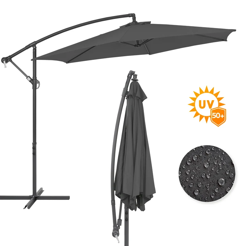 Sonnenschirm mit Kurbel inkl. Abdeckung und Gewicht für Ständer Ø 270 cm Grau aus Polyester