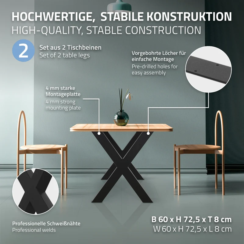 Tischbeine Tischgestell 2er Set X-Design 60 x 72,5 cm Schwarz aus Stahl ML-Design