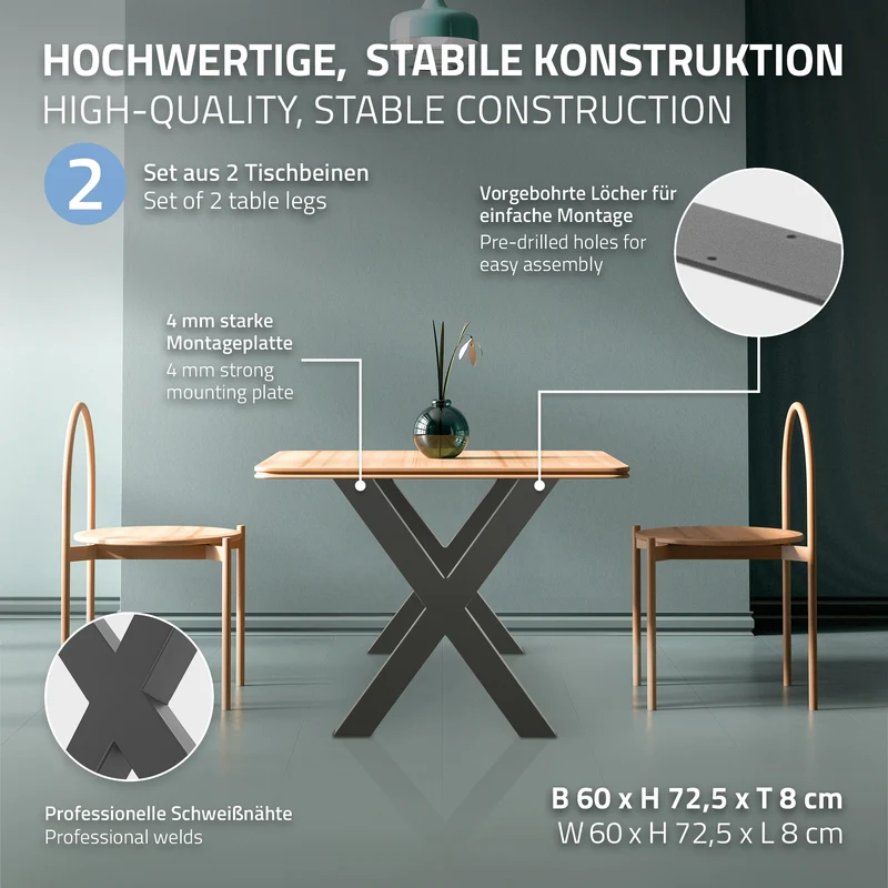 Tischbeine Tischgestell 2er Set X-Design 60 x 72,5 cm Anthrazit aus Stahl ML-Design