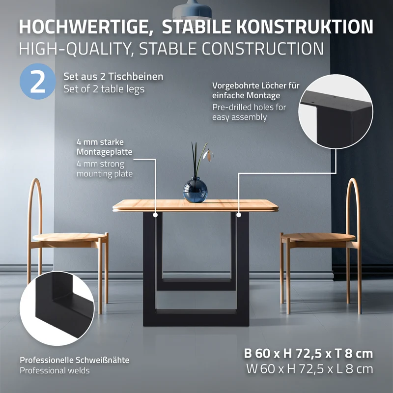 Tischbeine Tischgestell 2er Set U-Design 60 x 72,5 cm Schwarz aus Stahl ML-Design