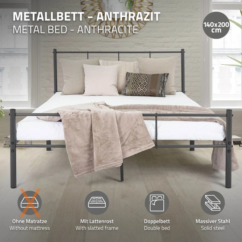 Bettgestell Doppelbett 140x200 cm aus Metall in Anthrazit mit Kopteil & Lattenrost ML-Design