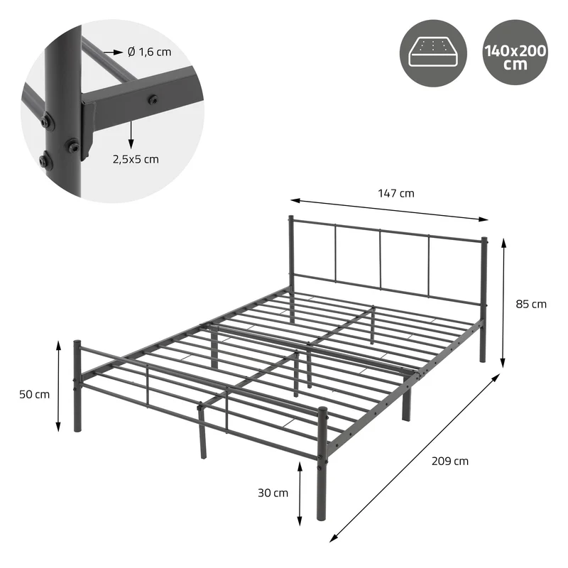 Bettgestell Doppelbett 140x200 cm aus Metall in Anthrazit mit Kopteil & Lattenrost ML-Design