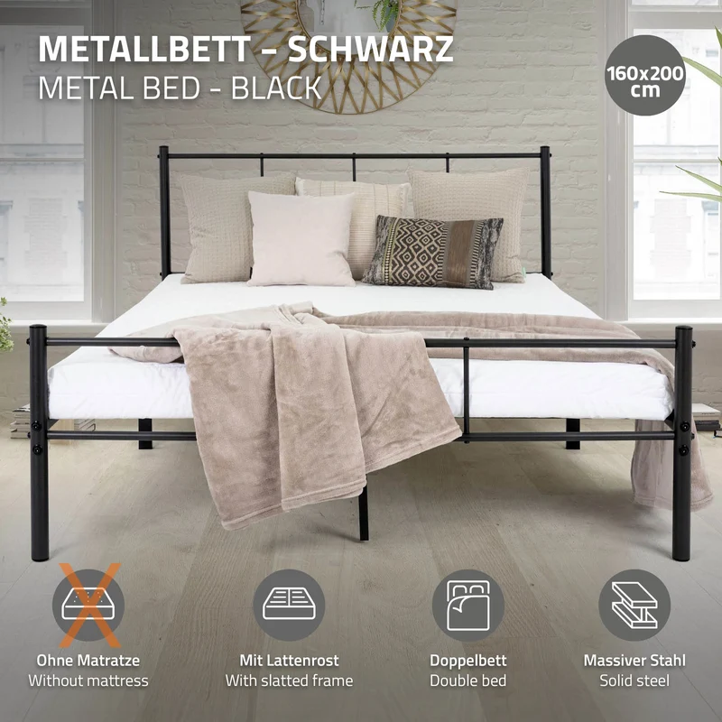 Bettgestell Doppelbett 160x200 cm aus Metall in Schwarz mit Kopteil & Lattenrost ML-Design