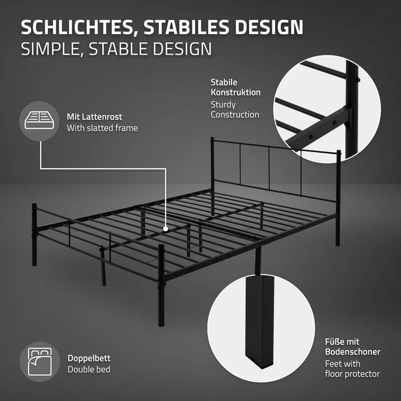 Bettgestell Doppelbett 160x200 cm aus Metall in Schwarz mit Kopteil & Lattenrost ML-Design
