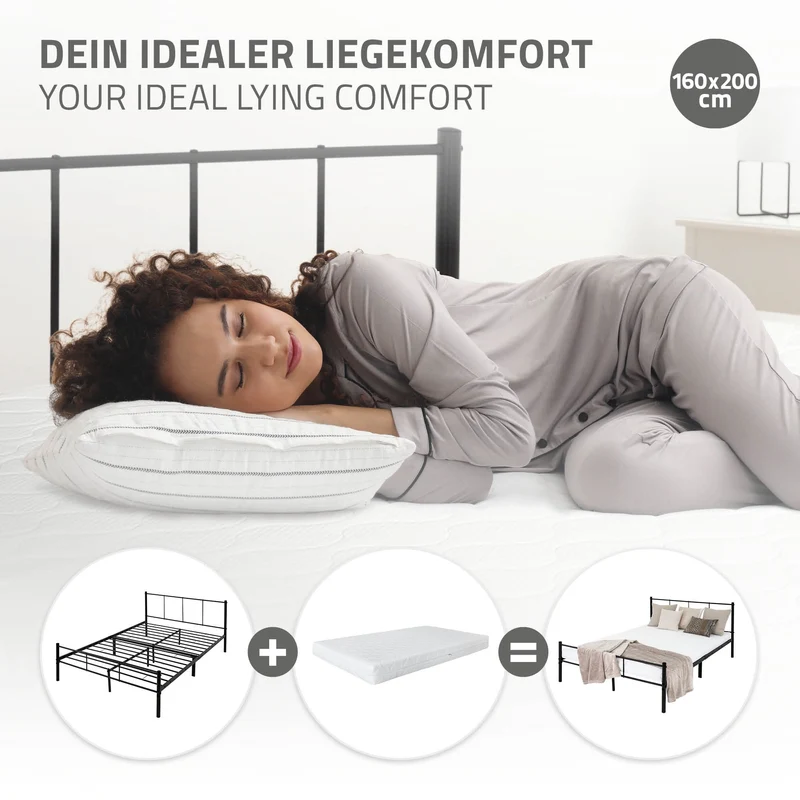 Bettgestell Doppelbett 160x200 cm aus Metall in Schwarz mit Kopteil & Lattenrost ML-Design