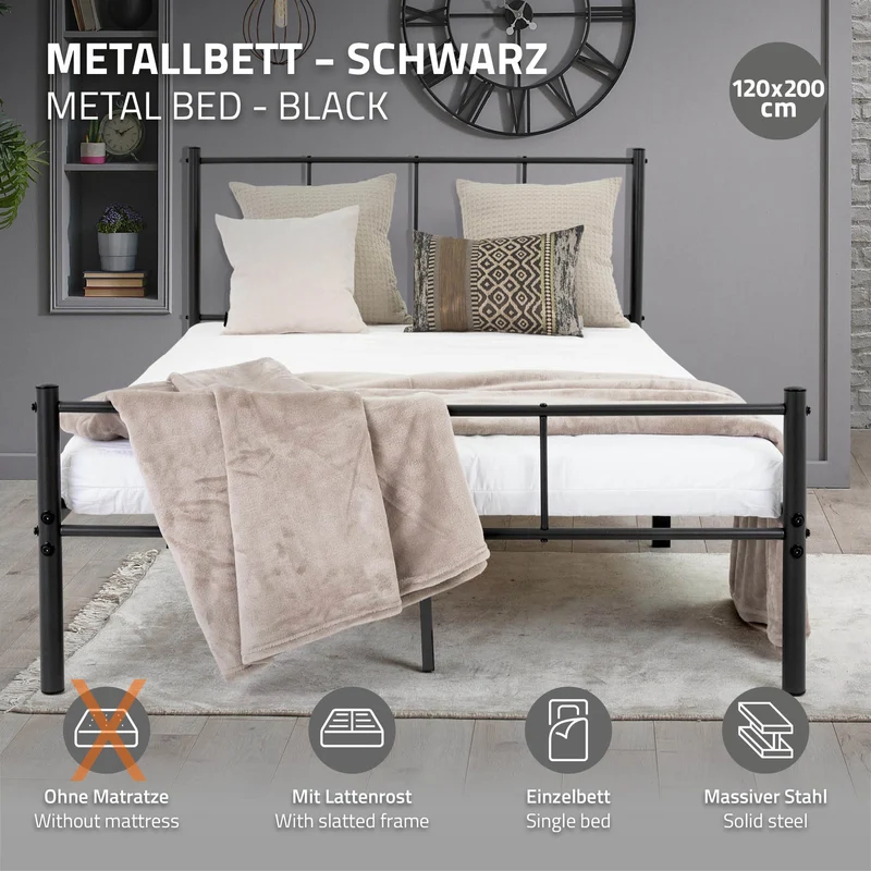 Bettgestell Doppelbett 120x200 cm aus Metall in Schwarz mit Kopteil & Lattenrost ML-Design