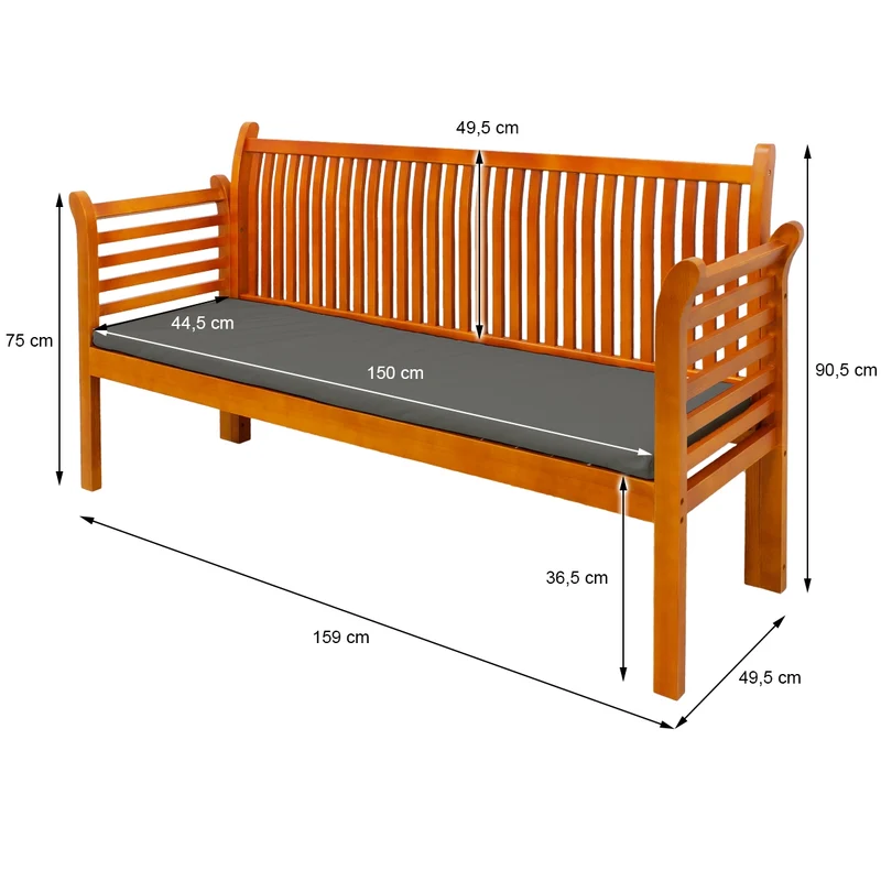 Gartenbank 3 Sitzer Braun 159x49.5x90.5 cm mit Grau Sitzkissen aus massives Kiefernholz und Polyester