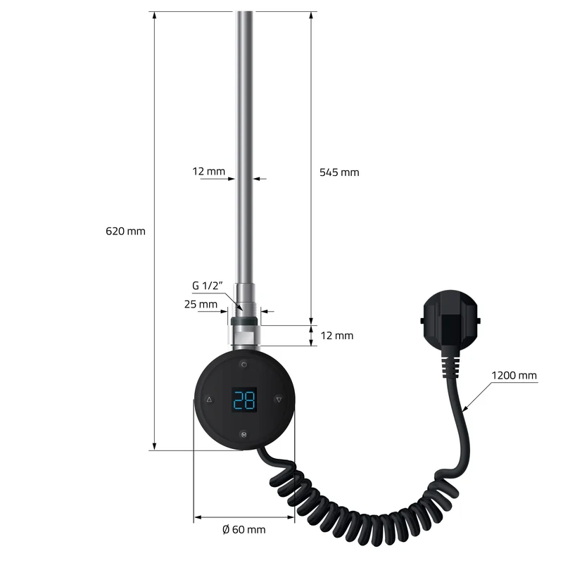 Elektrischer Badheizkörper mit Heizstab 600W 600x800 mm Schwarz matt gerade Seitenanschluss & Thermostat Digitalanzeige LuxeBath