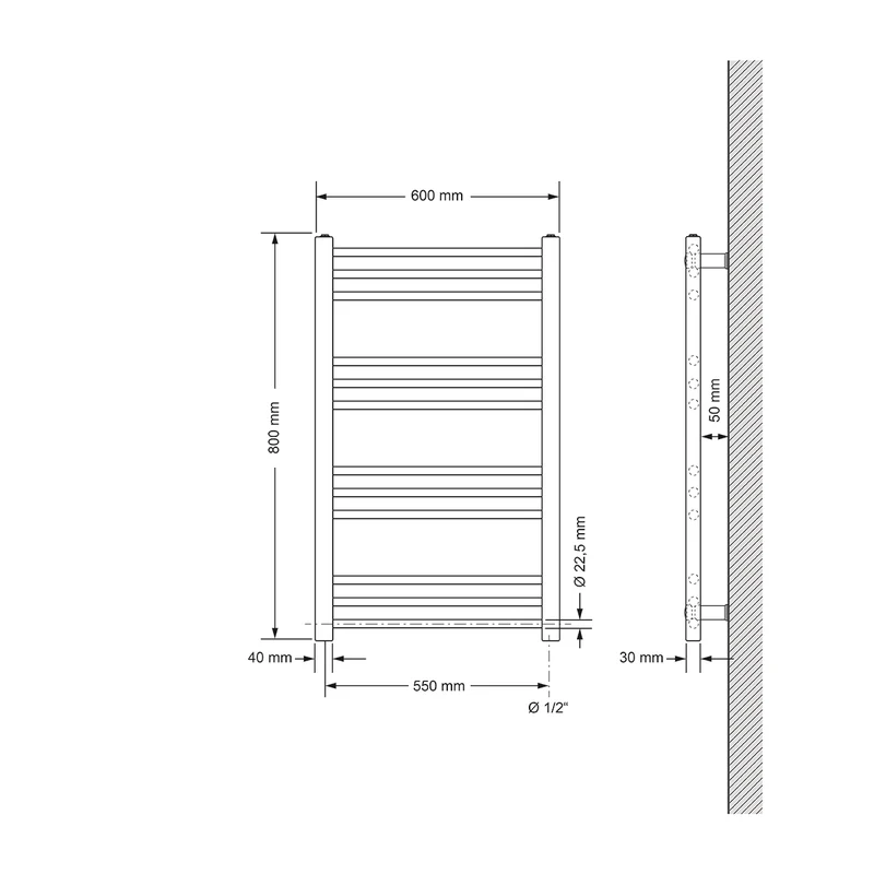 Elektrischer Badheizkörper mit Heizstab 300W 600x800 mm Schwarz matt gerade mit Seitenanschluss & Thermostat Touchbedienung LuxeBath