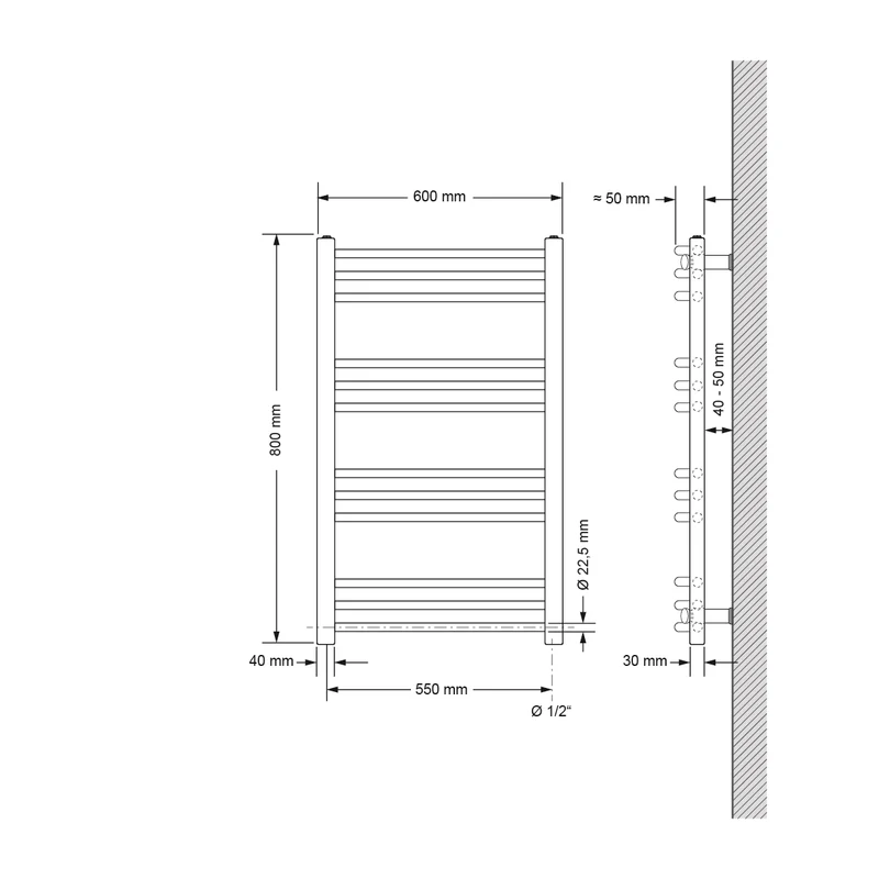 Elektrischer Badheizkörper mit Heizstab 600W 600x800 mm Schwarz matt gebogen mit Seitenanschluss & Thermostat Touchbedienung LuxeBath
