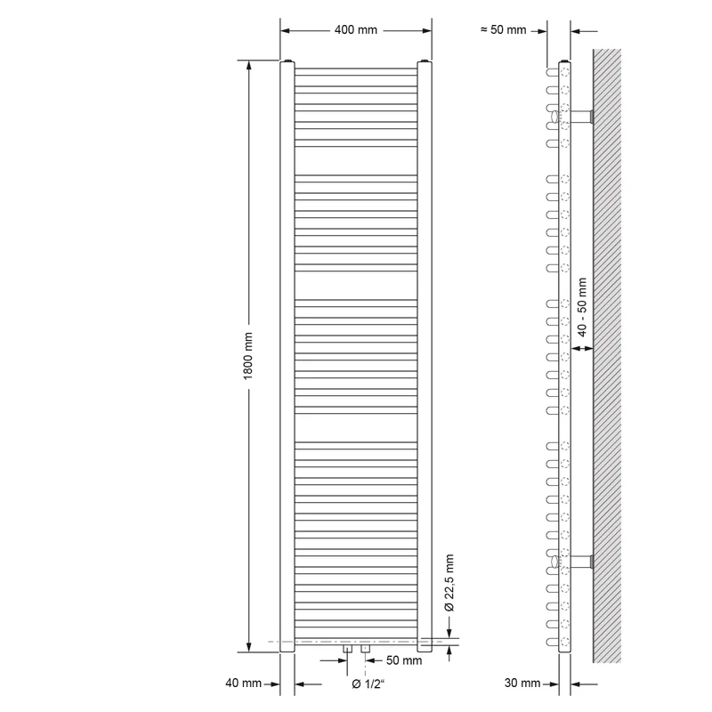 Badheizkörper Mittelanschluss 400x1800 mm Chrome gebogen inkl. Montagematerial LuxeBath