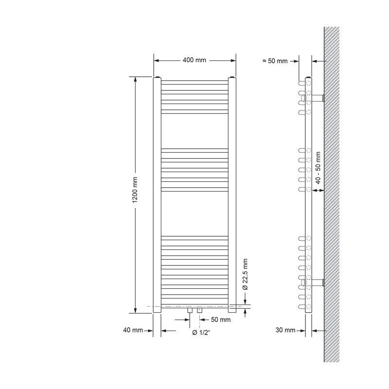 Badheizkörper Mittelanschluss 400x1200 mm Weiß gebogen inkl. Montagematerial LuxeBath