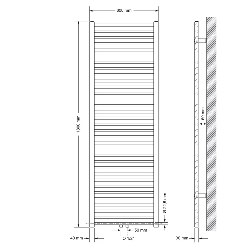 Badheizkörper Sahara 600x1800 mm Anthrazit gerade mit Mittelanschluss LuxeBath