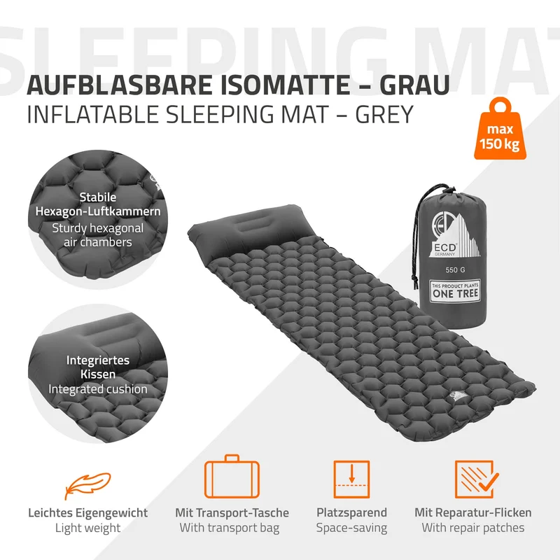 Isomatte Camping, Campingmatte aufblasbar, Grau, Luftmatratze Outdoor mit integriertem Kopfkissen, Ultraleicht, Kompakt & Faltbar
